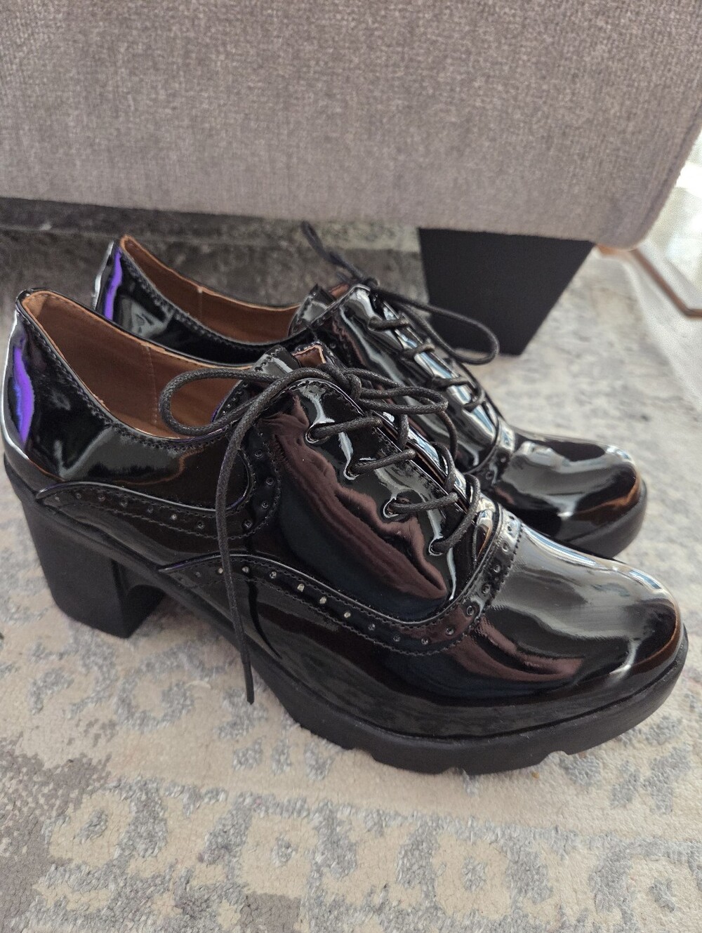 DADAWEN Black Patent Platform Oxford Heels Lug Sole Lace Up Chunky Goth 8.5
